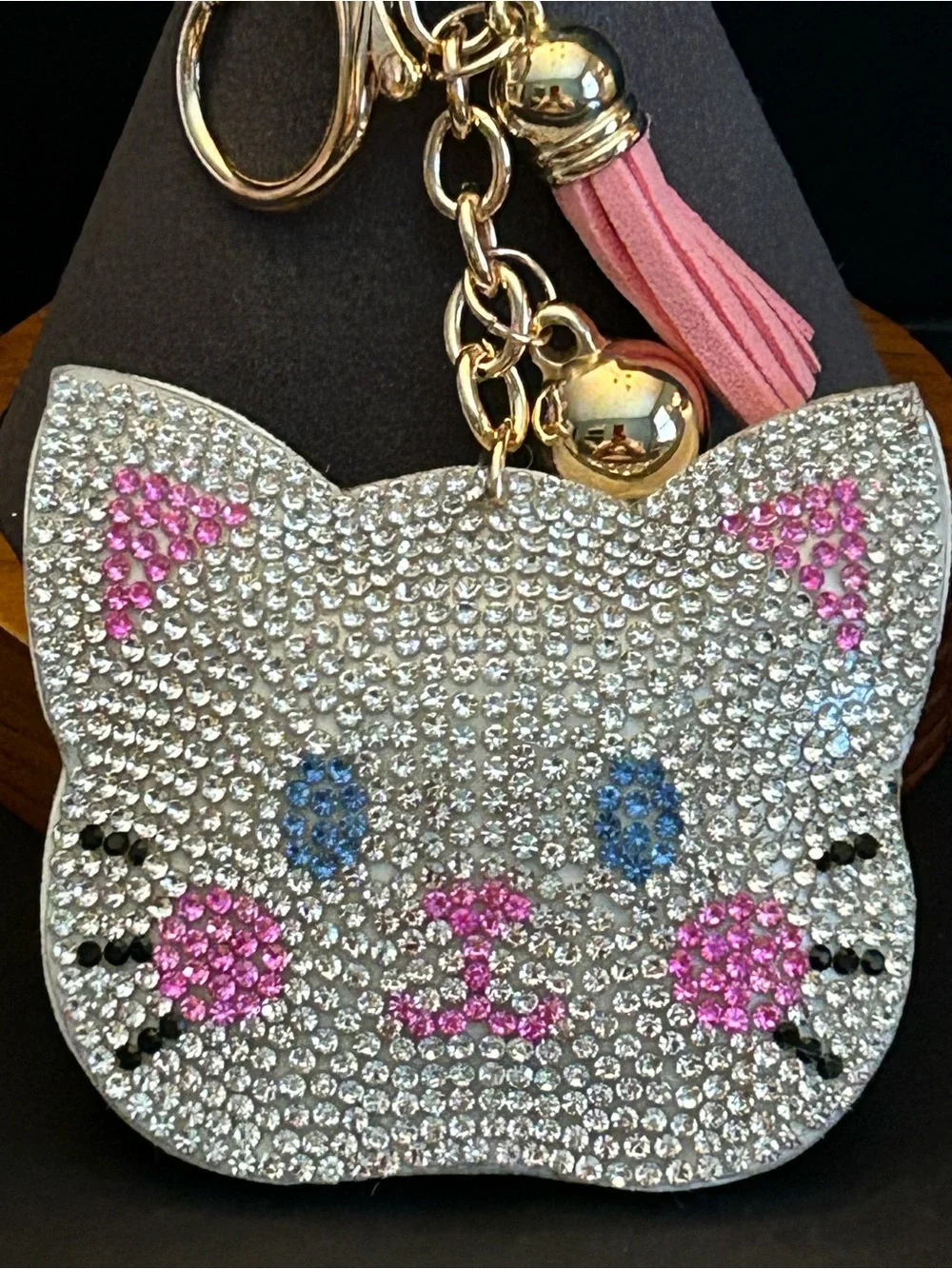 PREMIUM Puffy Silver Crystal Cat Bag Charm Keychain w/Pink Tassel & Blue Eyes